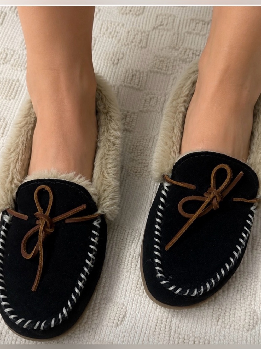 Softmoc Women’s Black Faux Fur-Lined Moccasin Slippers with Brown Tie